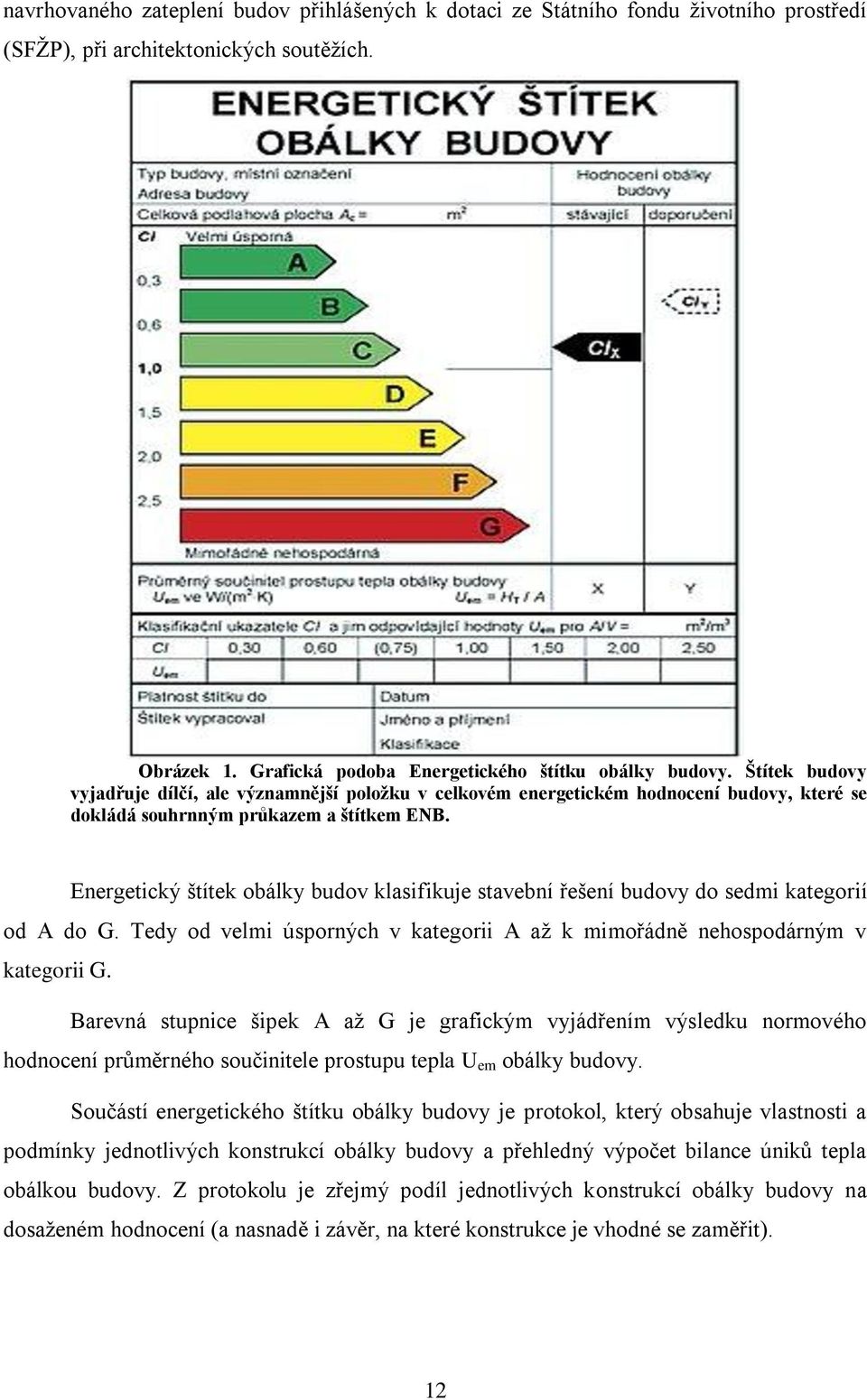 Energetický štítek obálky budov klasifikuje stavební řešení budovy do sedmi kategorií od A do G. Tedy od velmi úsporných v kategorii A aţ k mimořádně nehospodárným v kategorii G.