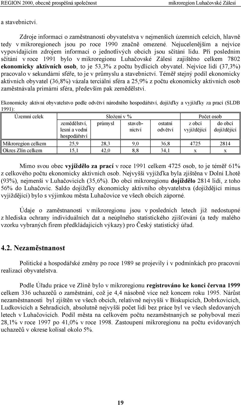 Při posledním sčítání v roce 1991 bylo v mikroregionu Luhačovské Zálesí zajištěno celkem 7802 ekonomicky aktivních osob, to je 53,3% z počtu bydlících obyvatel.