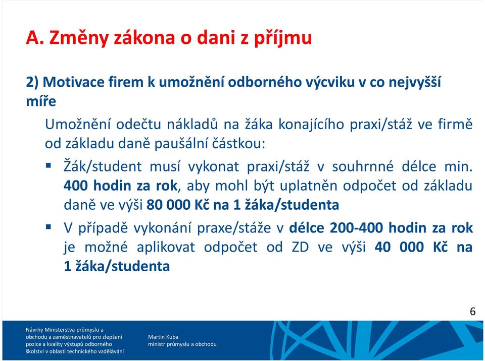 400 hodin za rok, aby mohl být uplatněn odpočet od základu daněvevýši80000kčna1žáka/studenta V případě vykonání praxe/stáže v délce 200-400 hodin za rok je možné