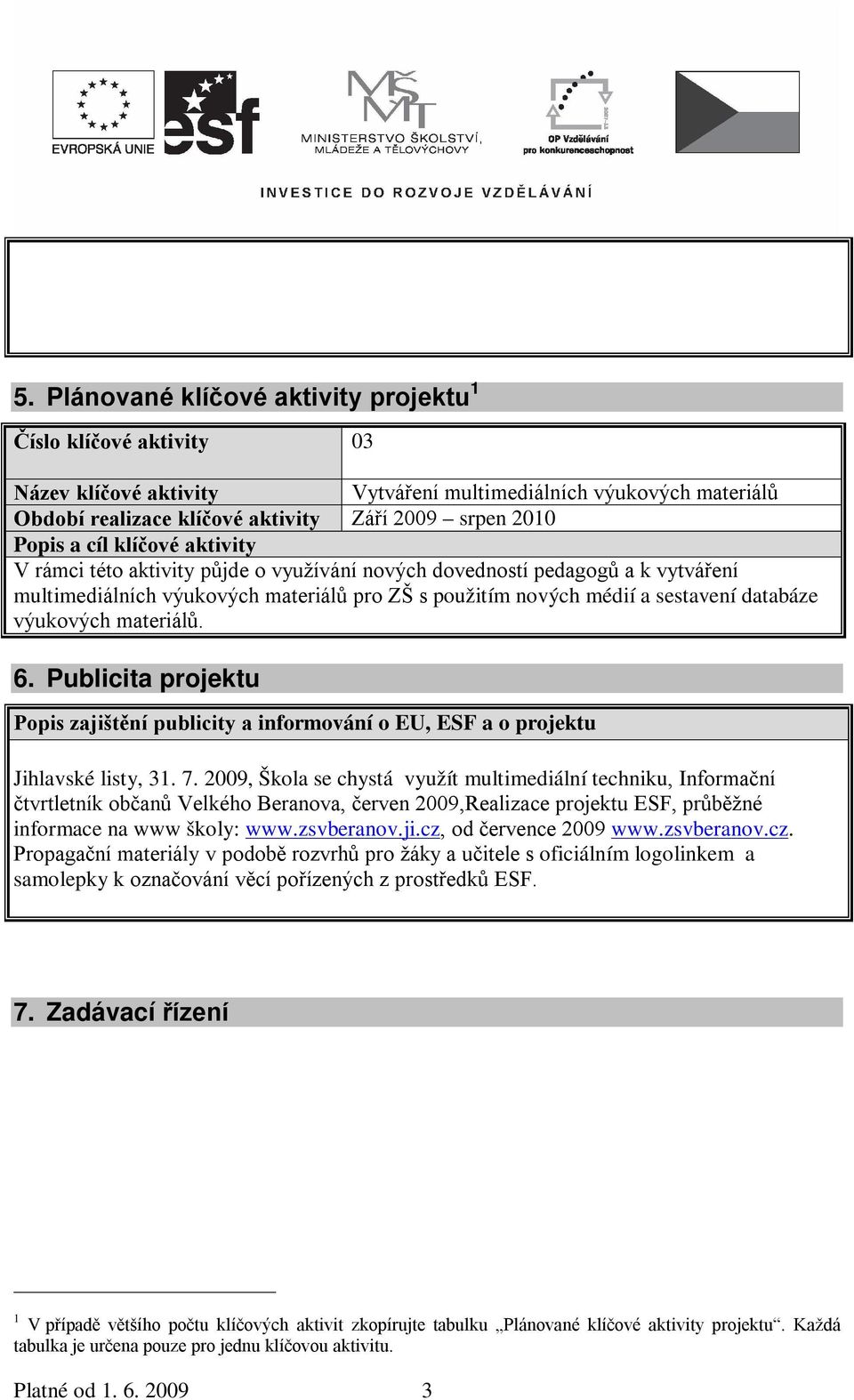 materiálů. 6. Publicita projektu Popis zajištění publicity a informování o EU, ESF a o projektu Jihlavské listy, 31. 7.