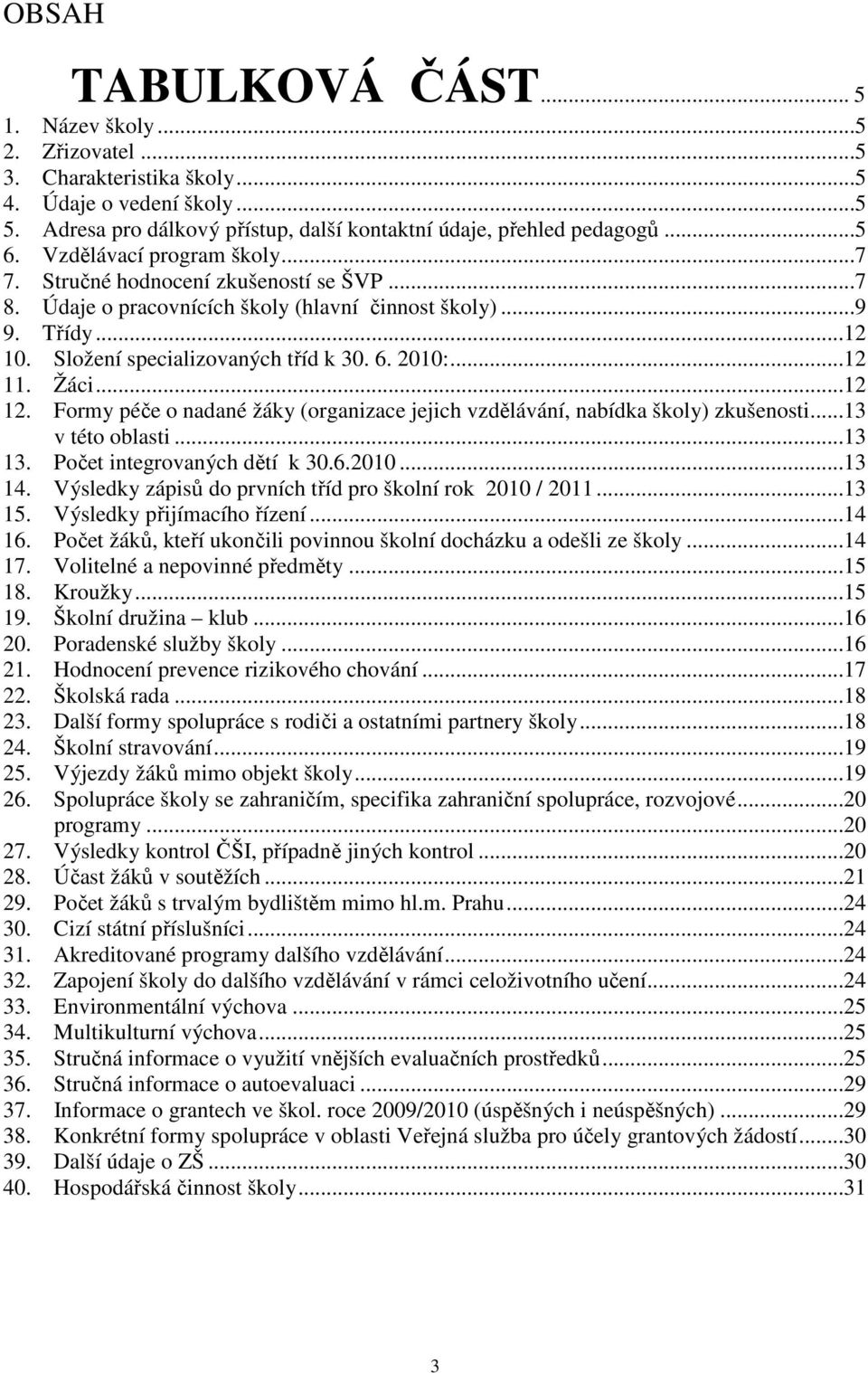 Žáci...12 12. Formy péče o nadané žáky (organizace jejich vzdělávání, nabídka školy) zkušenosti...13 v této oblasti...13 13. Počet integrovaných dětí k 30.6.2010...13 14.