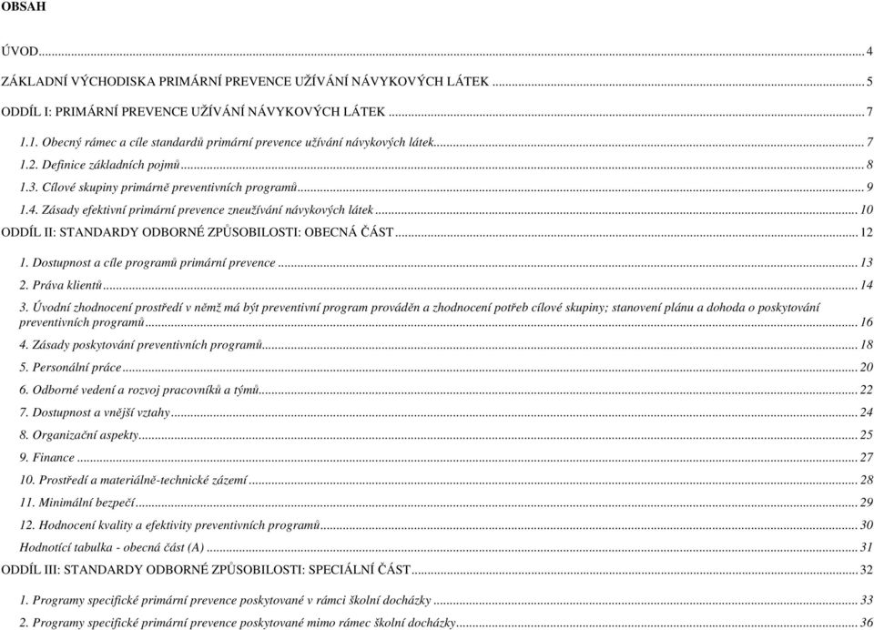 Zásady efektivní primární prevence zneužívání návykových látek... 10 ODDÍL II: STANDARDY ODBORNÉ ZPŮSOBILOSTI: OBECNÁ ČÁST... 12 1. Dostupnost a cíle programů primární prevence... 13 2. Práva klientů.