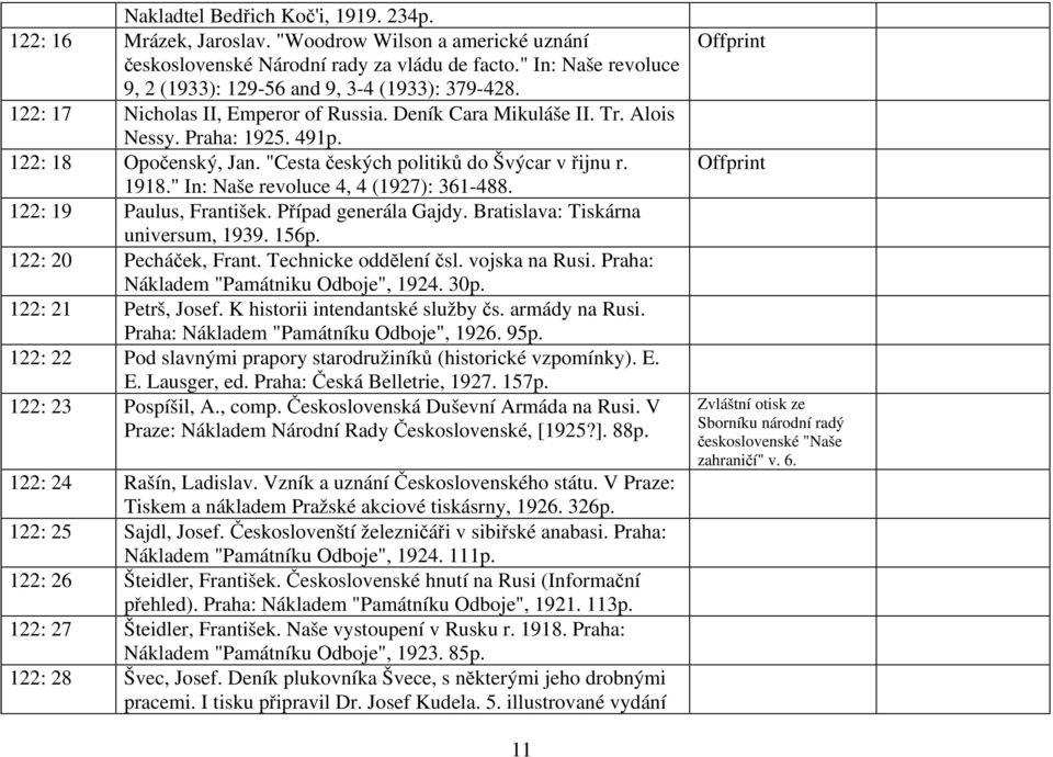 "Cesta českých politiků do Švýcar v řijnu r. 1918." In: Naše revoluce 4, 4 (1927): 361-488. 122: 19 Paulus, František. Případ generála Gajdy. Bratislava: Tiskárna universum, 1939. 156p.