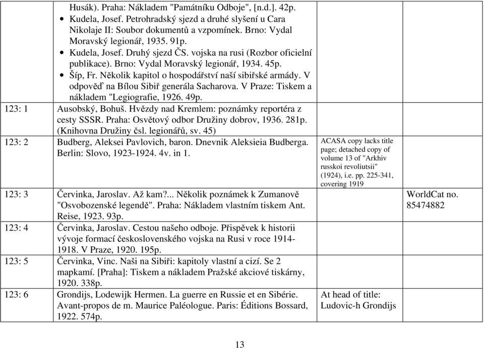 V odpovĕď na Bílou Sibiř generála Sacharova. V Praze: Tiskem a nákladem "Legiografie, 1926. 49p. 123: 1 Ausobský, Bohuš. Hvězdy nad Kremlem: poznámky reportéra z cesty SSSR.