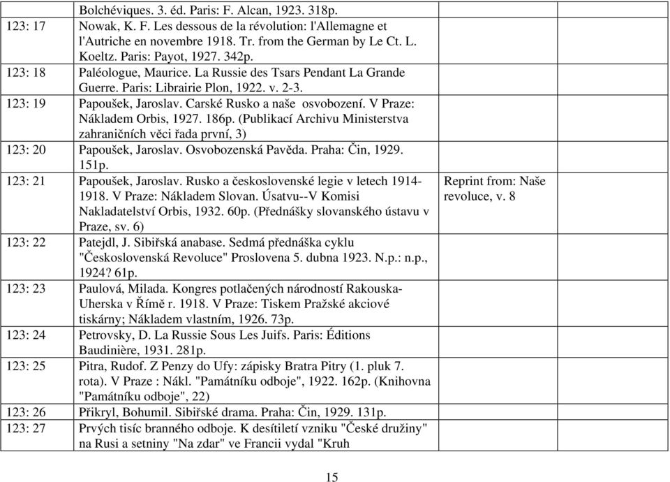 V Praze: Nákladem Orbis, 1927. 186p. (Publikací Archivu Ministerstva zahraničních věci řada první, 3) 123: 20 Papoušek, Jaroslav. Osvobozenská Pavěda. Praha: Čin, 1929. 151p.