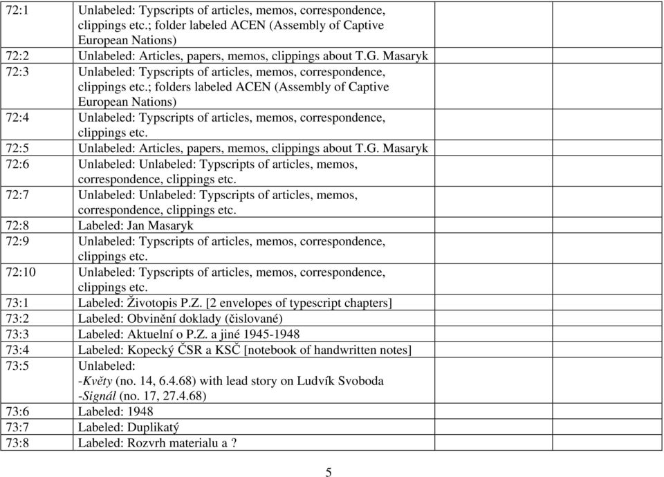 ; folders labeled ACEN (Assembly of Captive European Nations) 72:4 Unlabeled: Typscripts of articles, memos, correspondence, clippings etc. 72:5 Unlabeled: Articles, papers, memos, clippings about T.