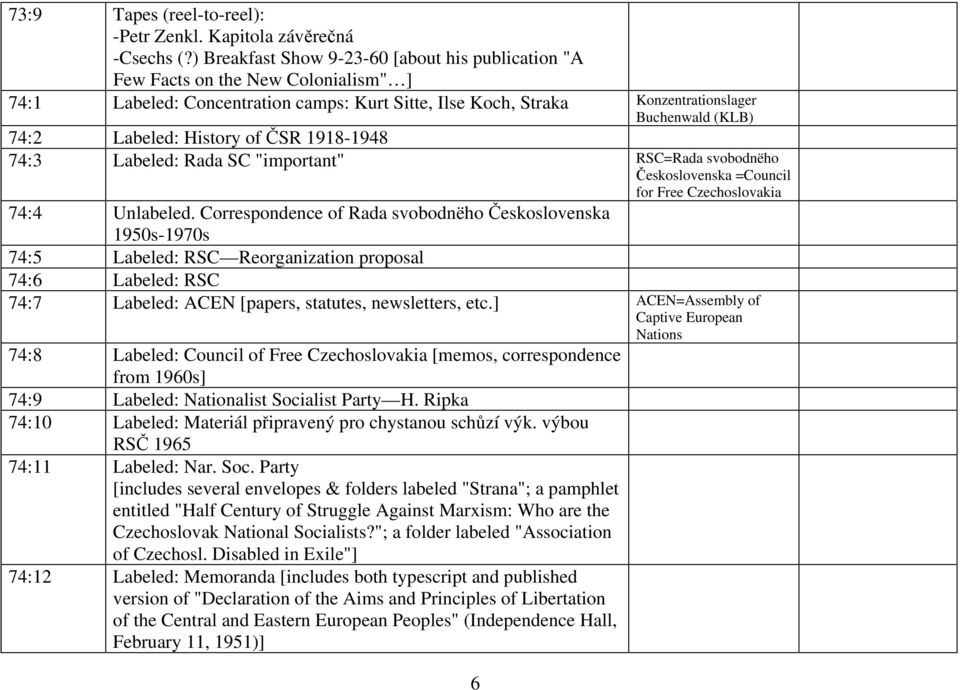 Labeled: History of ČSR 1918-1948 74:3 Labeled: Rada SC "important" RSC=Rada svobodnëho Československa =Council for Free Czechoslovakia 74:4 Unlabeled.