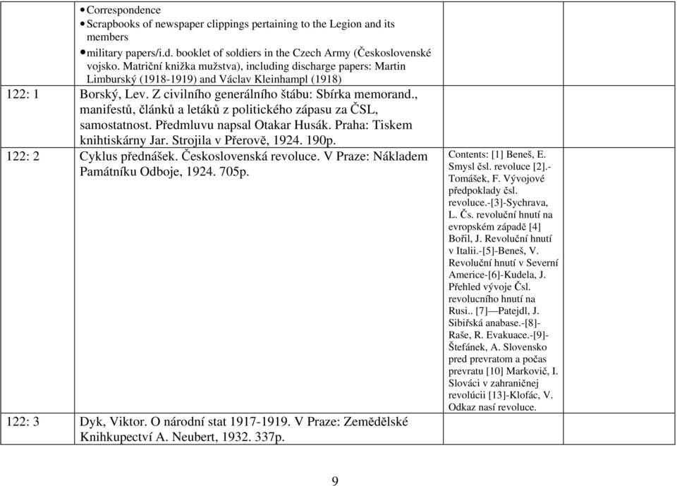 , manifestů, článků a letáků z politického zápasu za ČSL, samostatnost. Předmluvu napsal Otakar Husák. Praha: Tiskem knihtiskárny Jar. Strojila v Přerovĕ, 1924. 190p. 122: 2 Cyklus přednášek.