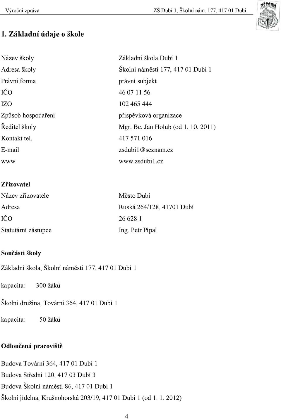 seznam.cz www www.zsdubi1.cz Zřizovatel Název zřizovatele Město Dubí Adresa Ruská 264/128, 41701 Dubí IČO 26 628 1 Statutární zástupce Ing.