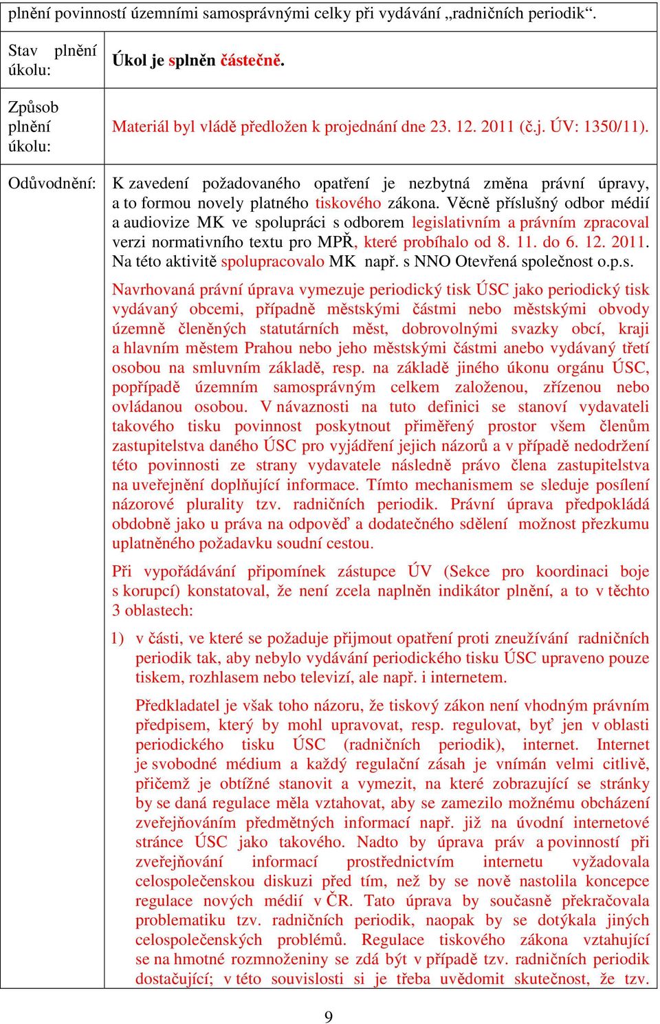 Věcně příslušný odbor médií a audiovize MK ve spolupráci s odborem legislativním a právním zpracoval verzi normativního textu pro MPŘ, které probíhalo od 8. 11. do 6. 12. 2011.