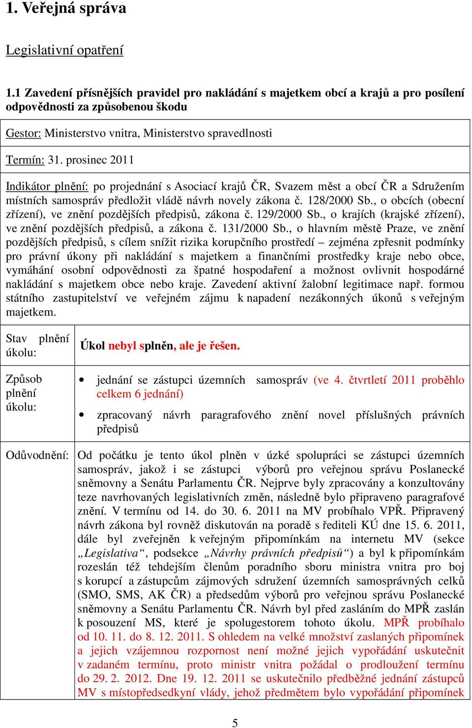 prosinec 2011 Indikátor : po projednání s Asociací krajů ČR, Svazem měst a obcí ČR a Sdružením místních samospráv předložit vládě návrh novely zákona č. 128/2000 Sb.