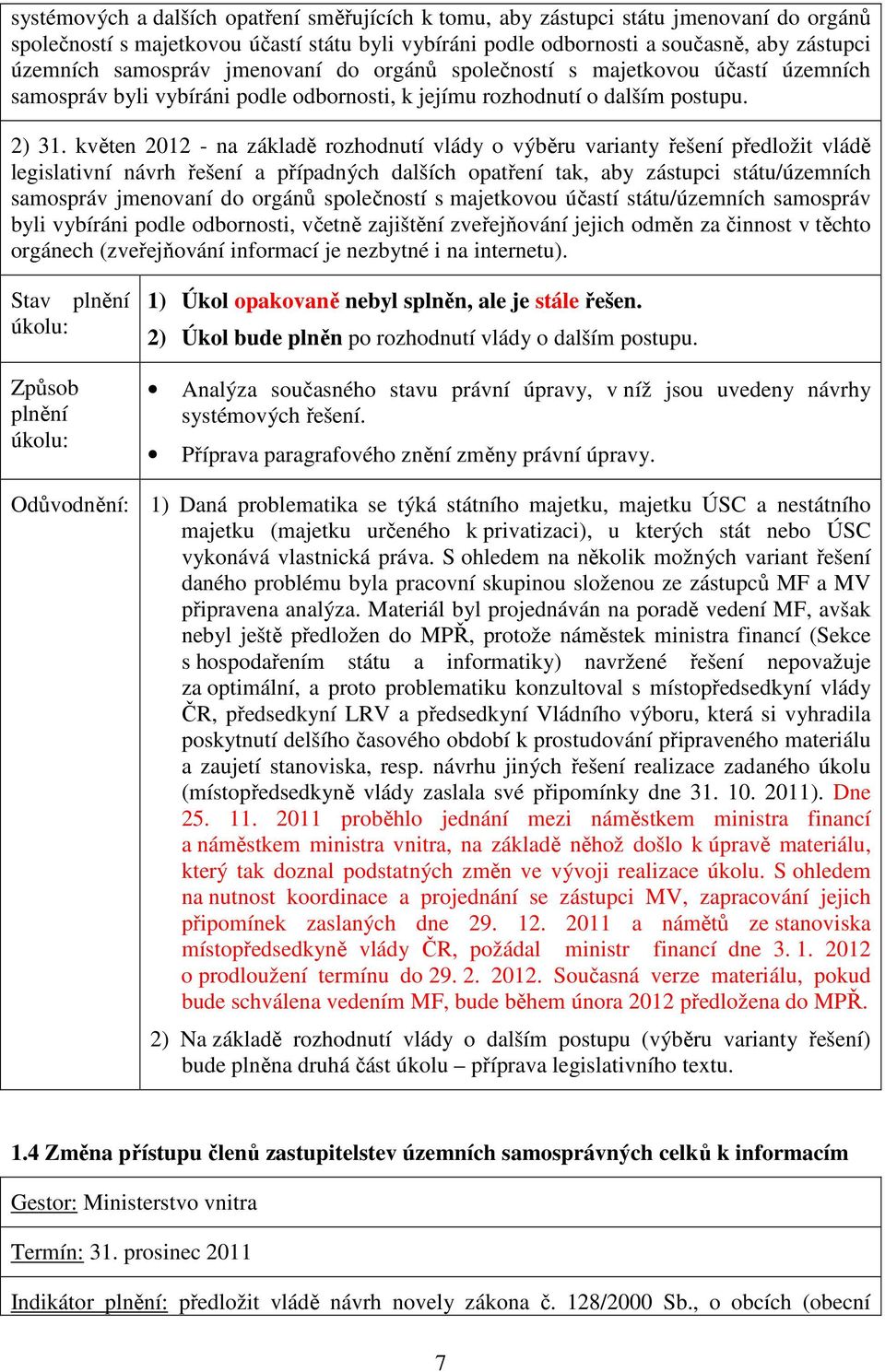 květen 2012 - na základě rozhodnutí vlády o výběru varianty řešení předložit vládě legislativní návrh řešení a případných dalších opatření tak, aby zástupci státu/územních samospráv jmenovaní do