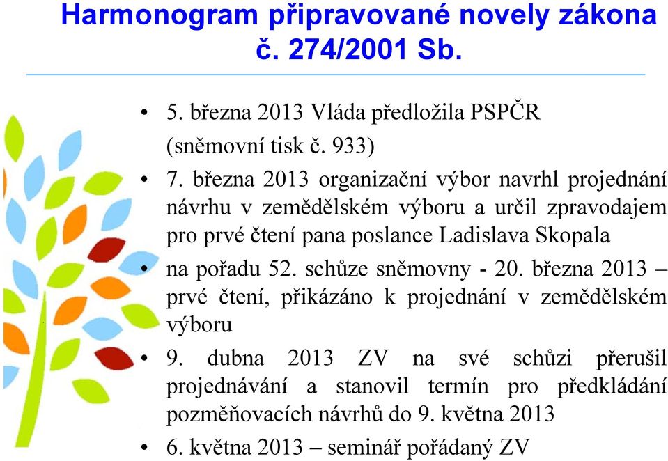 Ladislava Skopala na pořadu 52. schůze sněmovny - 20. března 2013 prvé čtení, přikázáno k projednání v zemědělském výboru 9.