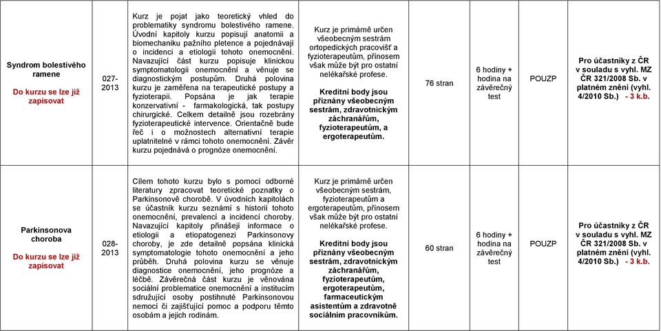 Navazující část kurzu popisuje klinickou symptomatologii onemocnění a věnuje se diagnostickým postupům. Druhá polovina kurzu je zaměřena na terapeutické postupy a fyzioterapii.