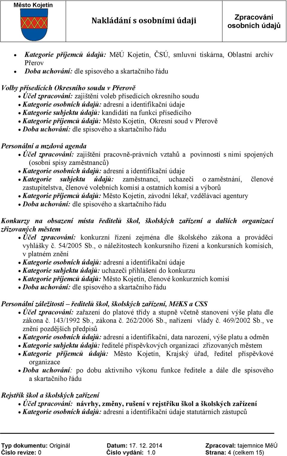 vztahů a povinností s nimi spojených (osobní spisy zaměstnanců) Kategorie subjektu údajů: zaměstnanci, uchazeči o zaměstnání, členové zastupitelstva, členové volebních komisí a ostatních komisí a