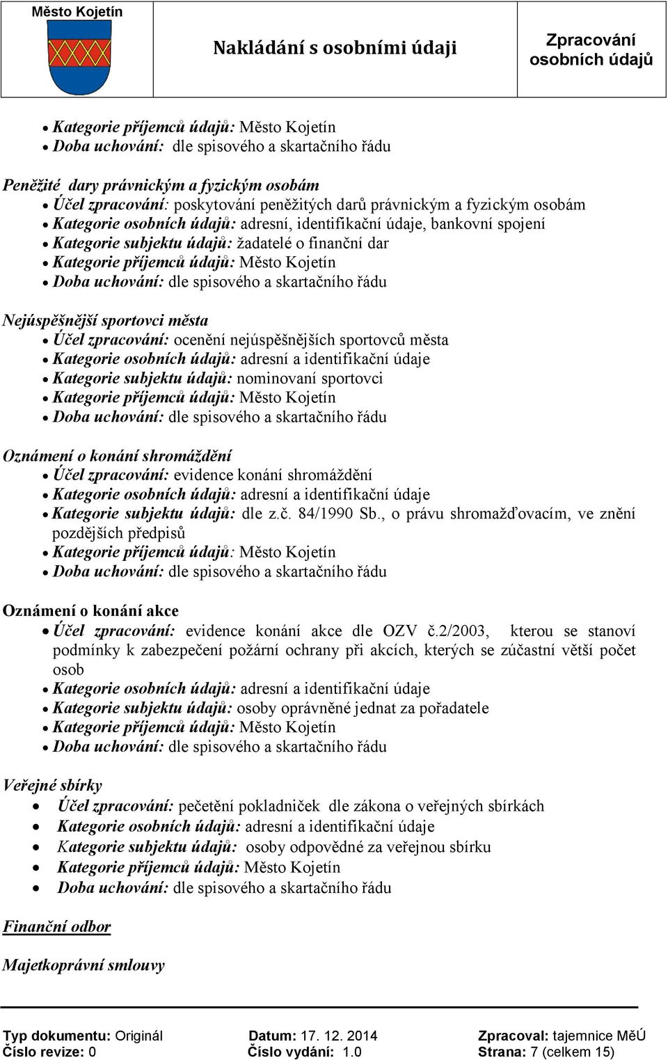 zpracování: evidence konání shromáždění Kategorie subjektu údajů: dle z.č. 84/1990 Sb.