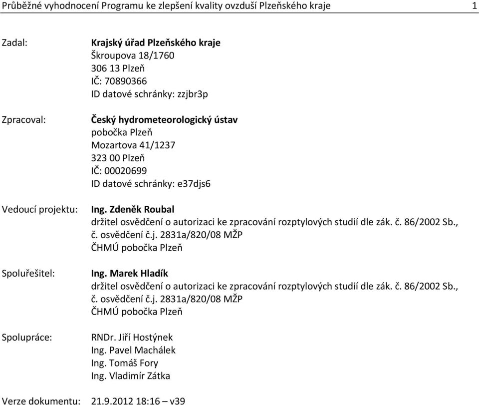 Zdeněk Roubal držitel osvědčení o autorizaci ke zpracování rozptylových studií dle zák. č. 86/2002 Sb., č. osvědčení č.j. 2831a/820/08 MŽP ČHMÚ pobočka Plzeň Ing.