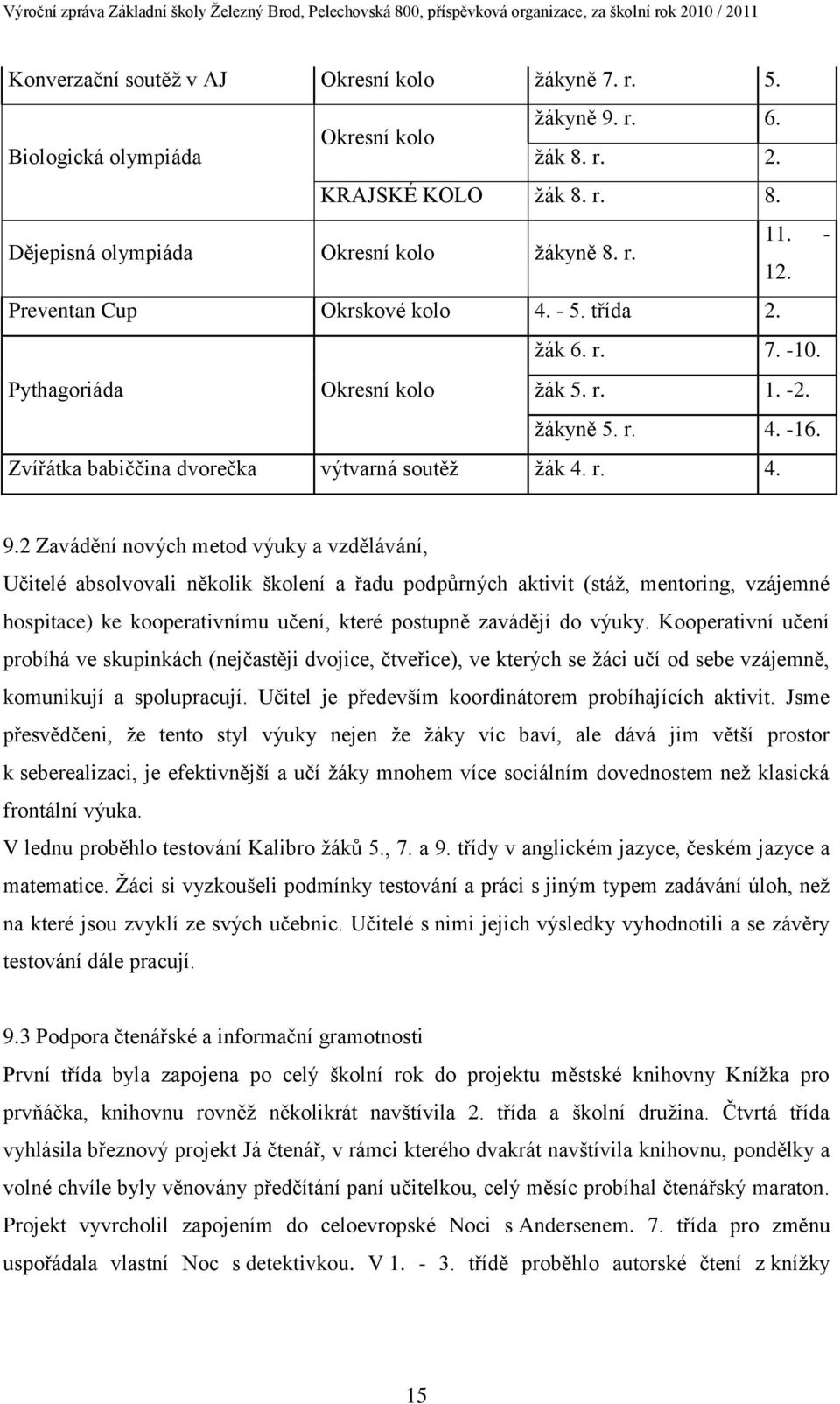 2 Zavádění nových metod výuky a vzdělávání, Učitelé absolvovali několik školení a řadu podpůrných aktivit (stáž, mentoring, vzájemné hospitace) ke kooperativnímu učení, které postupně zavádějí do