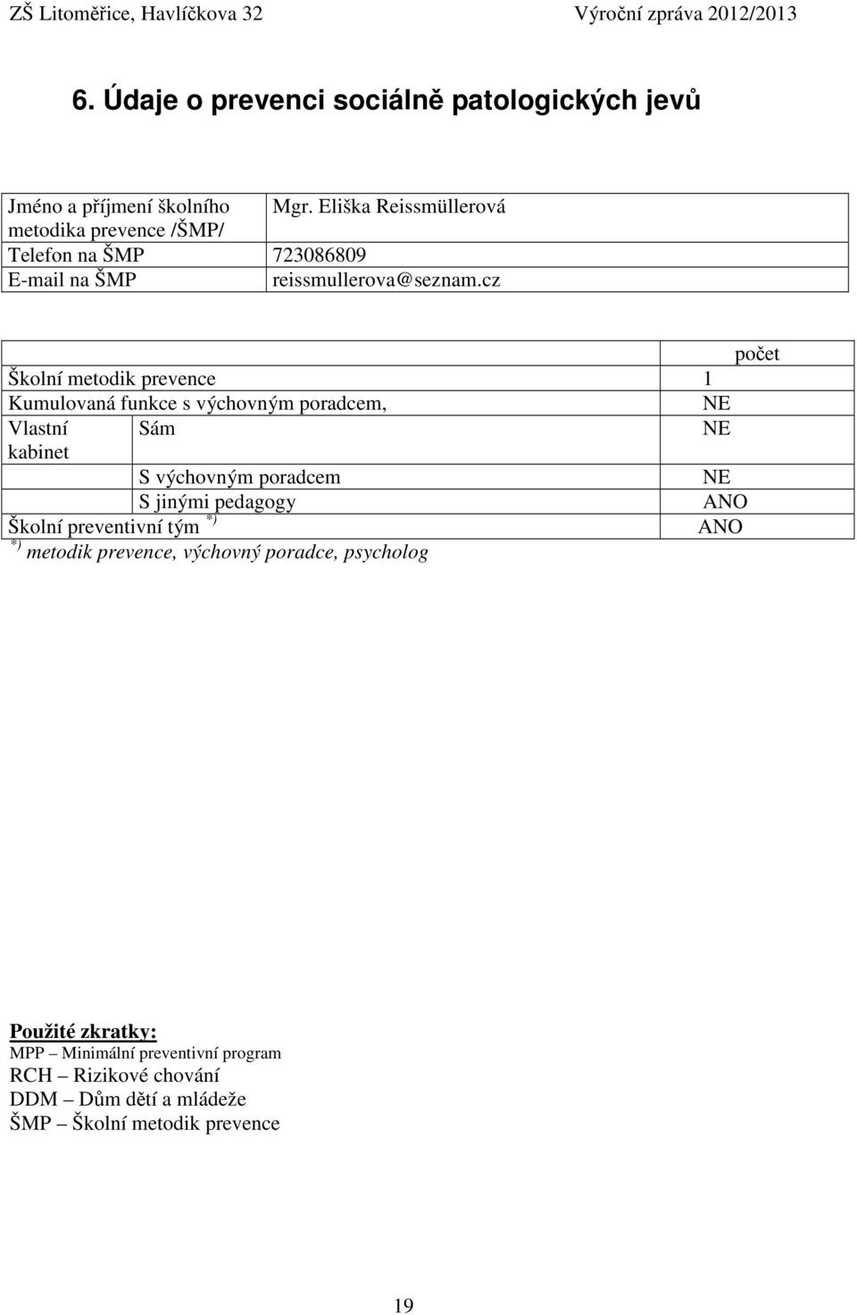 cz počet Školní metodik prevence 1 Kumulovaná funkce s výchovným poradcem, NE Vlastní Sám NE kabinet S výchovným poradcem NE S jinými