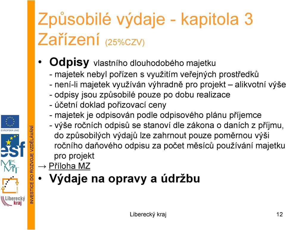 majetek je odpisován podle odpisového plánu příjemce - výše ročních odpisů se stanoví dle zákona o daních z příjmu, do způsobilých výdajů lze