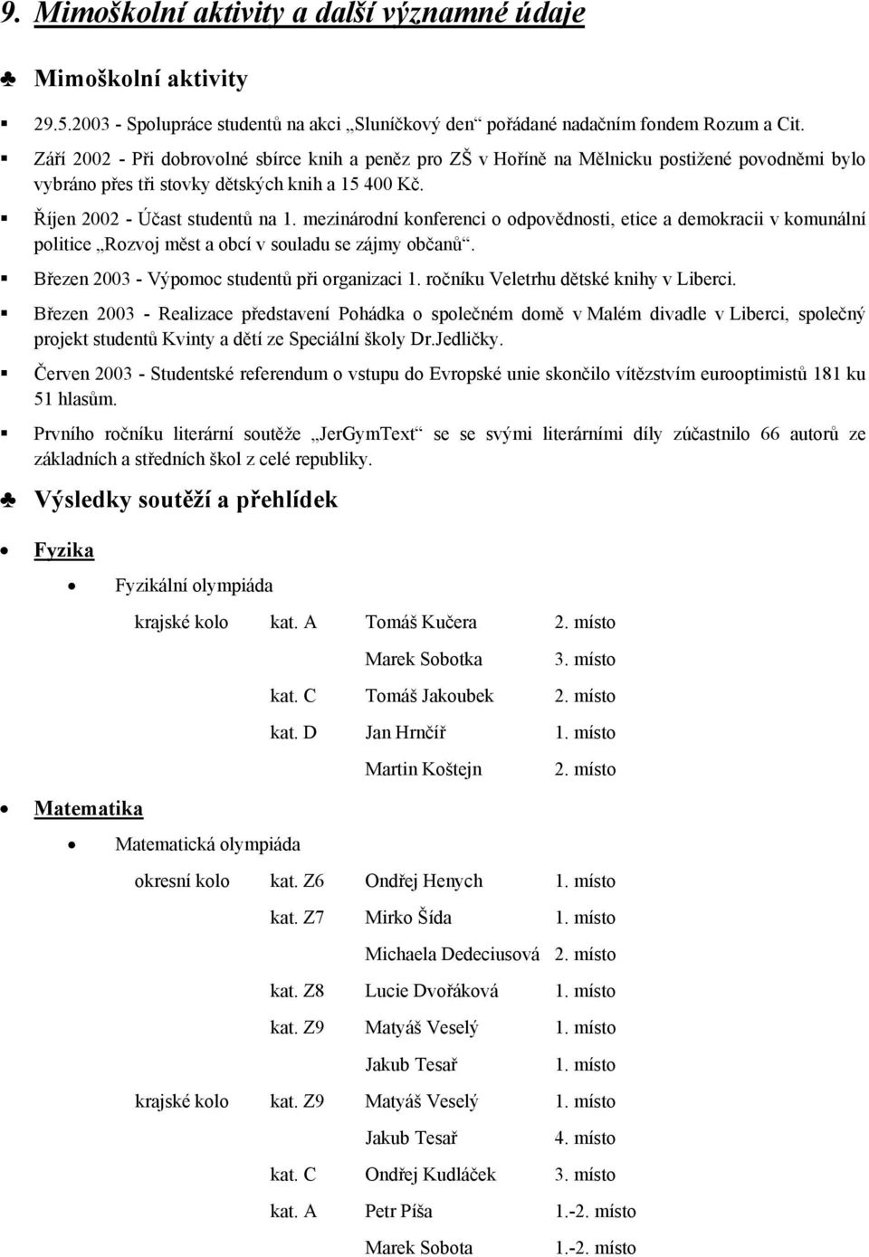 mezinárodní konferenci o odpovědnosti, etice a demokracii v komunální politice Rozvoj měst a obcí v souladu se zájmy občanů. Březen 2003 - Výpomoc studentů při organizaci 1.