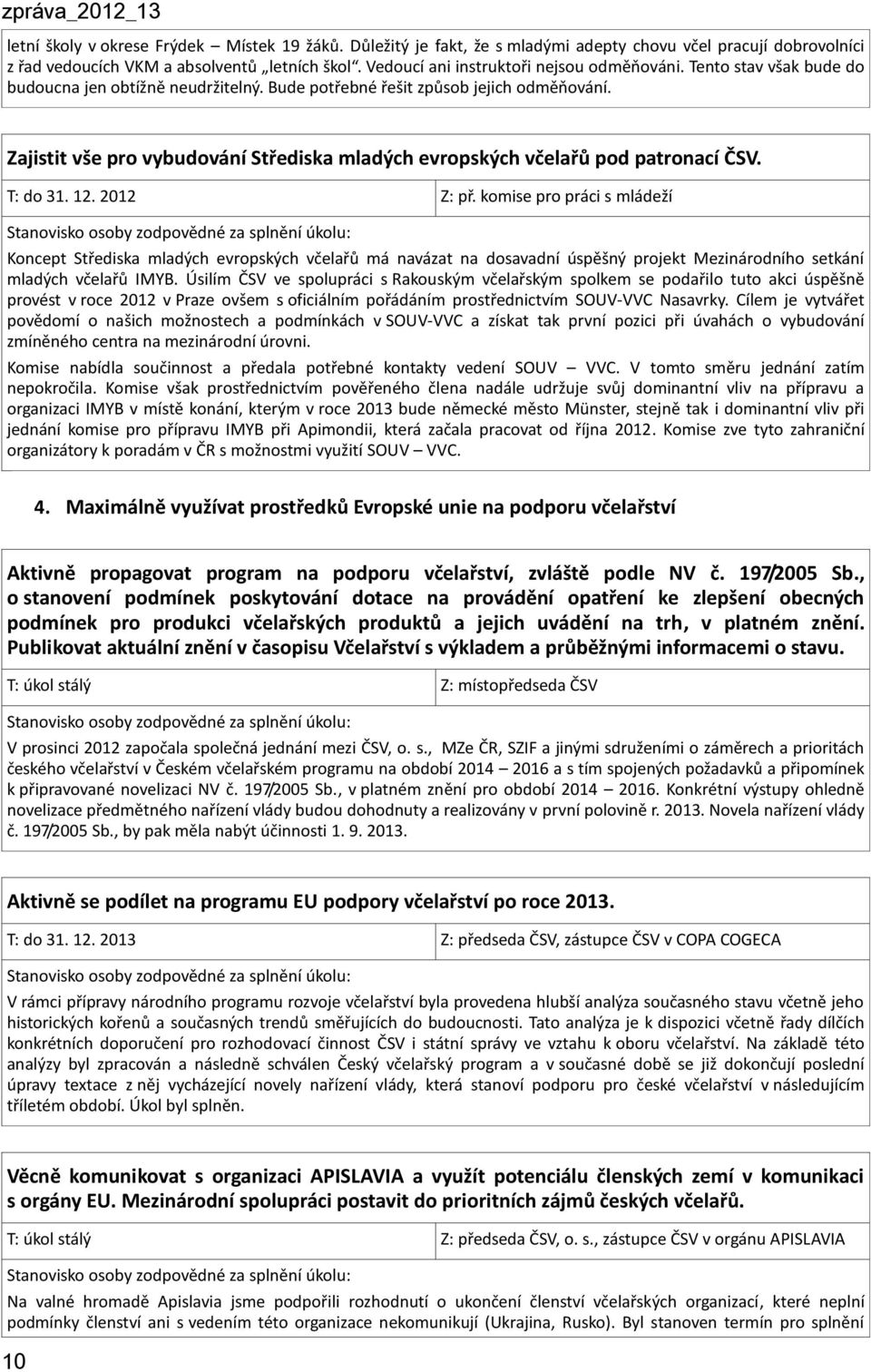 Zajistit vše pro vybudování Střediska mladých evropských včelařů pod patronací ČSV. T: do 31. 12. 2012 Z: př.