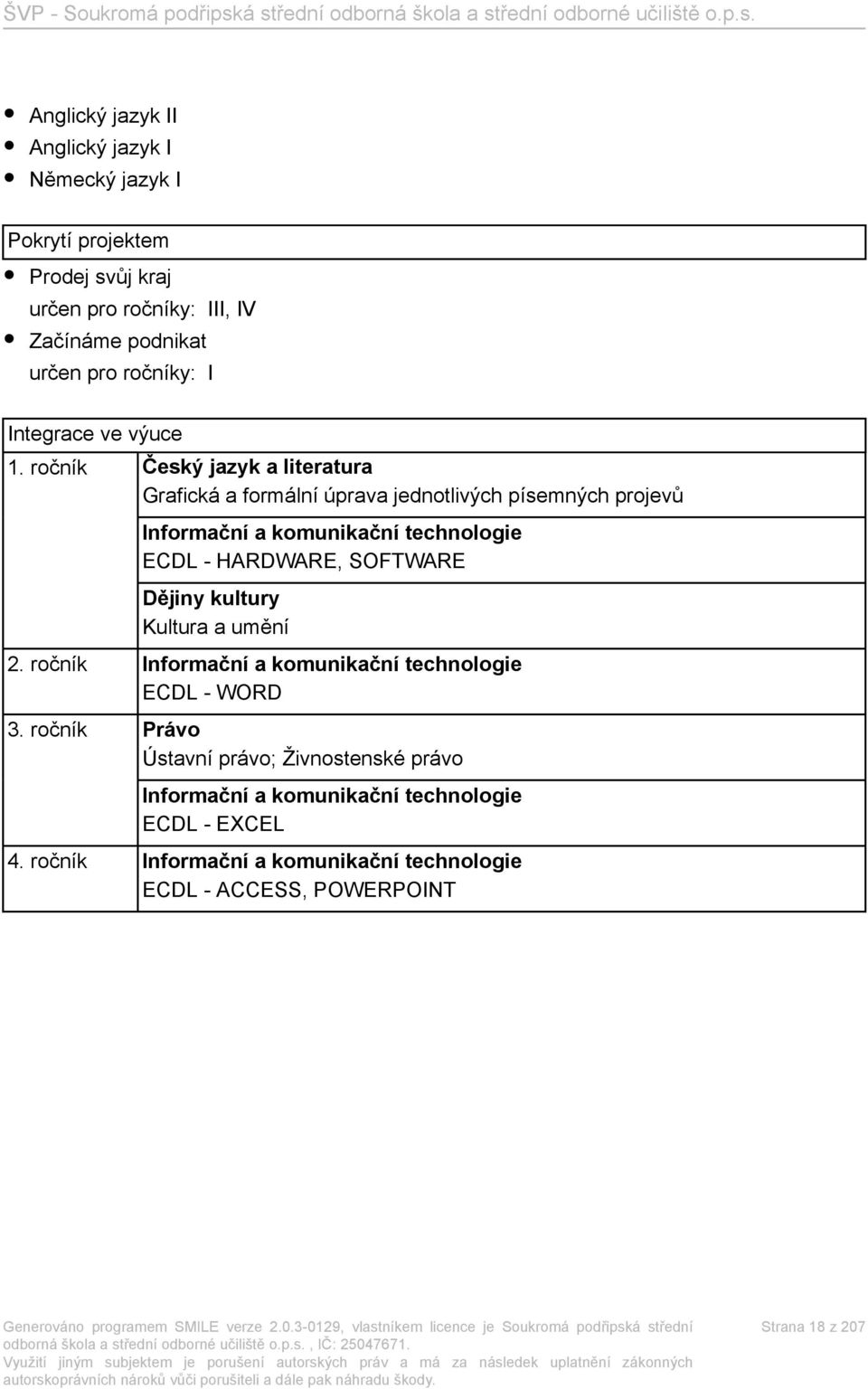 ročník Český jazyk a literatura Grafická a formální úprava jednotlivých písemných projevů Informační a komunikační technologie ECDL - HARDWARE,