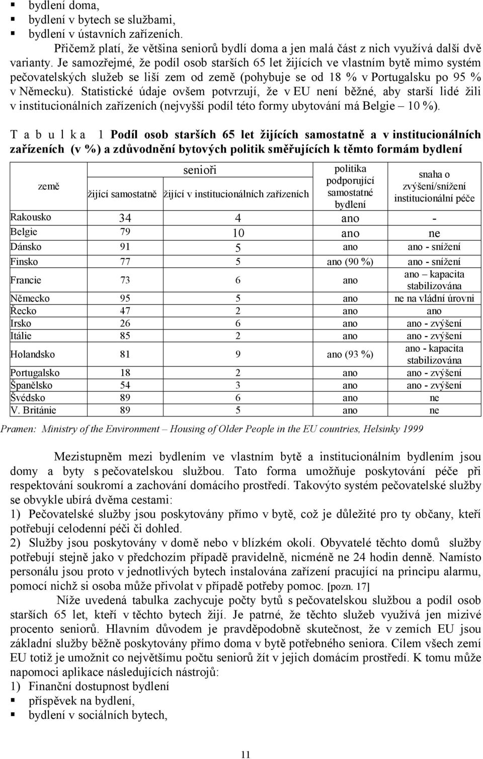 Statistické údaje ovšem potvrzují, že v EU není běžné, aby starší lidé žili v institucionálních zařízeních (nejvyšší podíl této formy ubytování má Belgie 10 %).