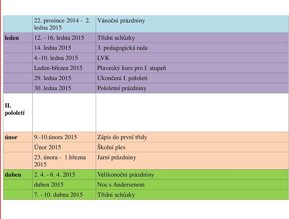 ledna 2015 Pololetní prázdniny únor 9.-10.února 2015 Zápis do první třídy Únor 2015 Školní ples 23. února - 1.