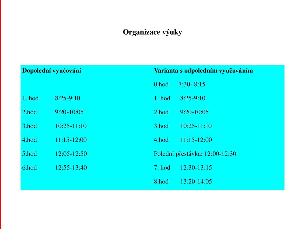 hod 9:20-10:05 3.hod 10:25-11:10 3.hod 10:25-11:10 4.hod 11:15-12:00 4.