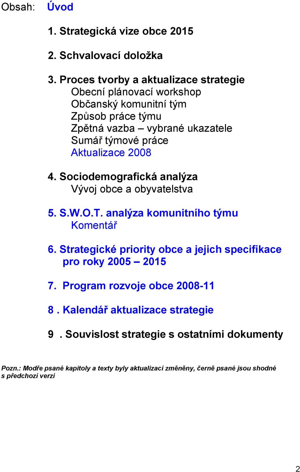 Aktualizace 2008 4. Sociodemografická analýza Vývoj obce a obyvatelstva 5. S.W.O.T. analýza komunitního týmu Komentář 6.