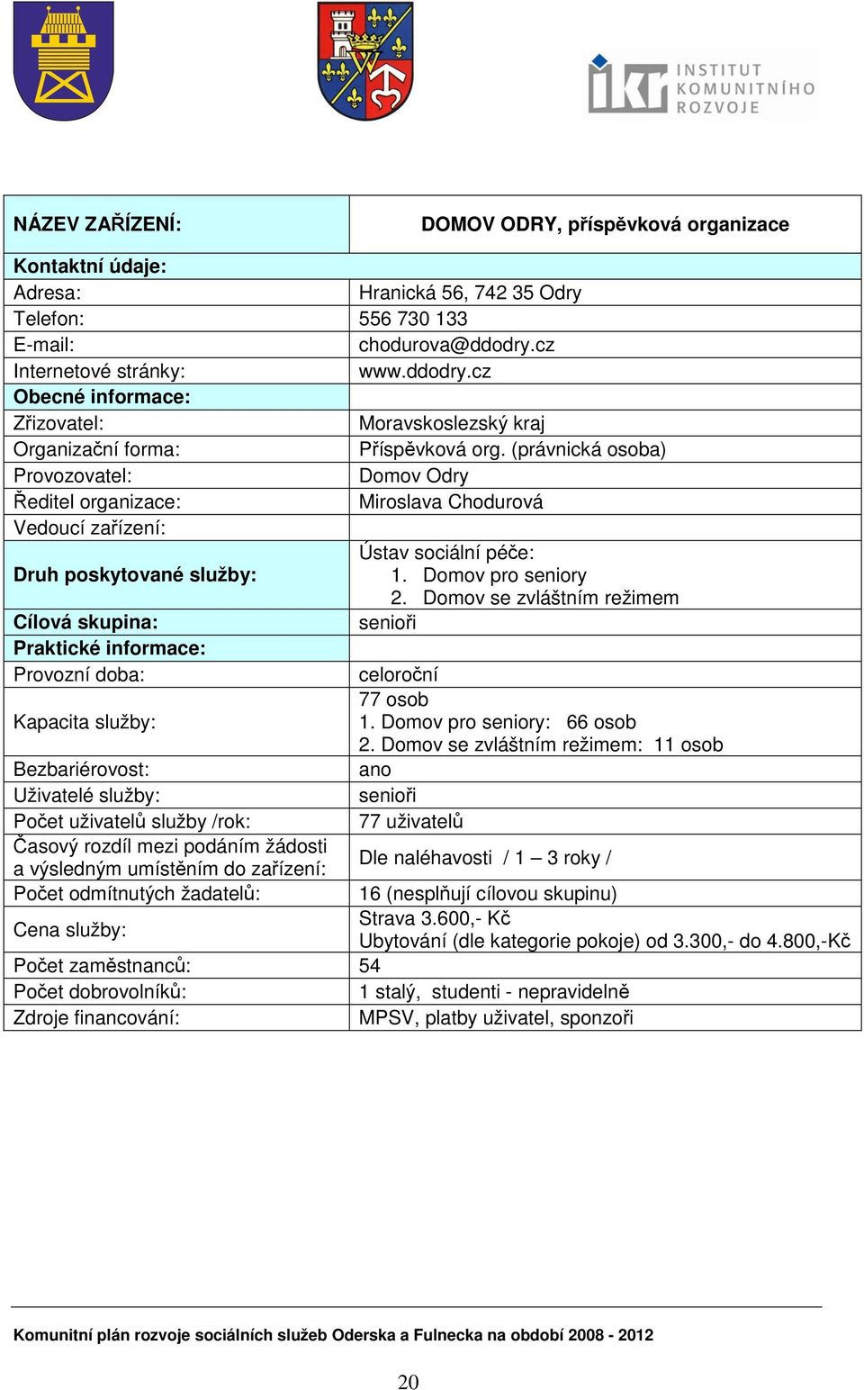 (právnická osoba) Provozovatel: Domov Odry Ředitel organizace: Miroslava Chodurová Vedoucí zařízení: Ústav sociální péče: Druh poskytované služby: 1. Domov pro seniory 2.