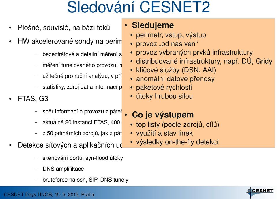 DÚ, Gridy měření tunelovaného provozu, měření aplikací HTTP, DNS, SIP klíčové služby (DSN, AAI) užitečné pro ruční analýzu, v případě problému zkoumáme anomální datové přenosy statistiky, zdroj dat a