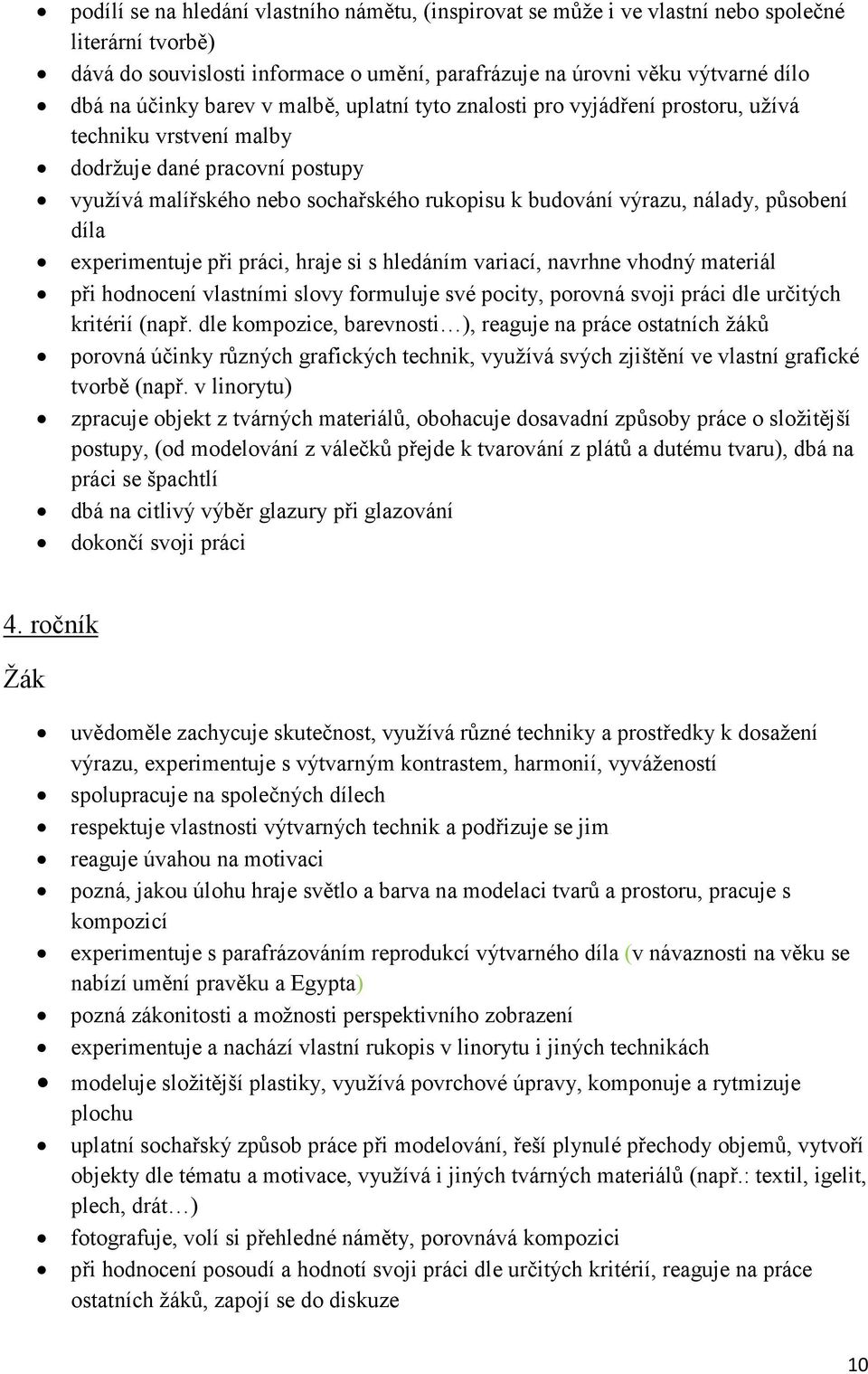 působení díla experimentuje při práci, hraje si s hledáním variací, navrhne vhodný materiál při hodnocení vlastními slovy formuluje své pocity, porovná svoji práci dle určitých kritérií (např.