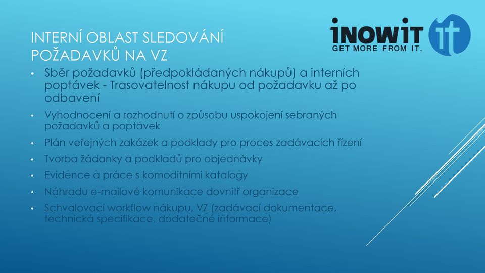 podklady pro proces zadávacích řízení Tvorba žádanky a podkladů pro objednávky Evidence a práce s komoditními katalogy Náhradu