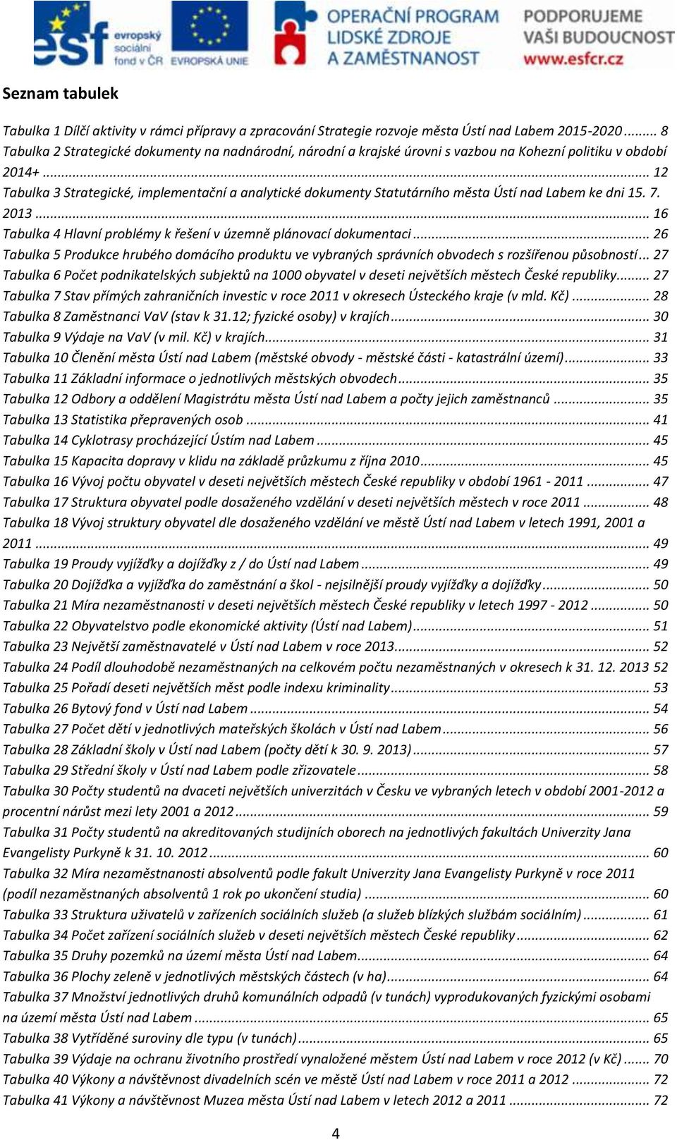 .. 12 Tabulka 3 Strategické, implementační a analytické dokumenty Statutárního města Ústí nad Labem ke dni 15. 7. 2013... 16 Tabulka 4 Hlavní problémy k řešení v územně plánovací dokumentaci.