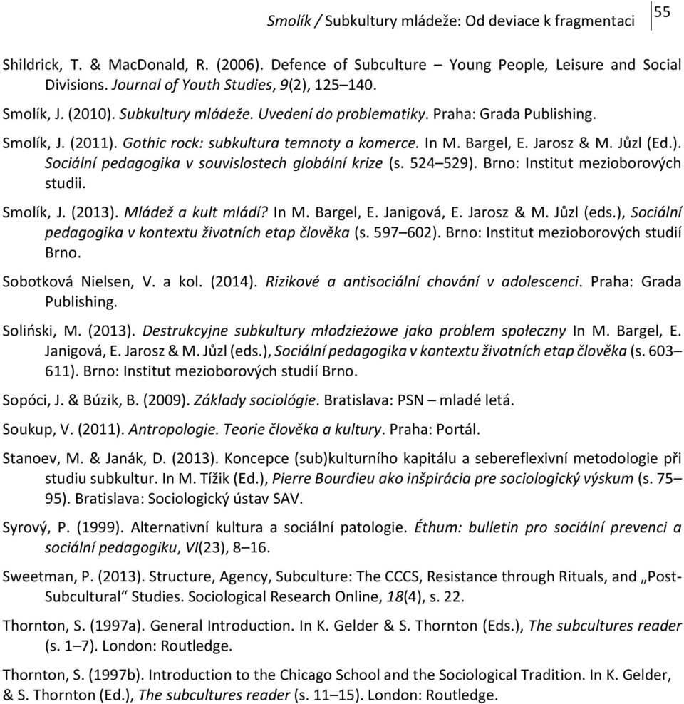 524 529). Brno: Institut mezioborových studii. Smolík, J. (2013). Mládež a kult mládí? In M. Bargel, E. Janigová, E. Jarosz & M. Jůzl (eds.), Sociální pedagogika v kontextu životních etap člověka (s.