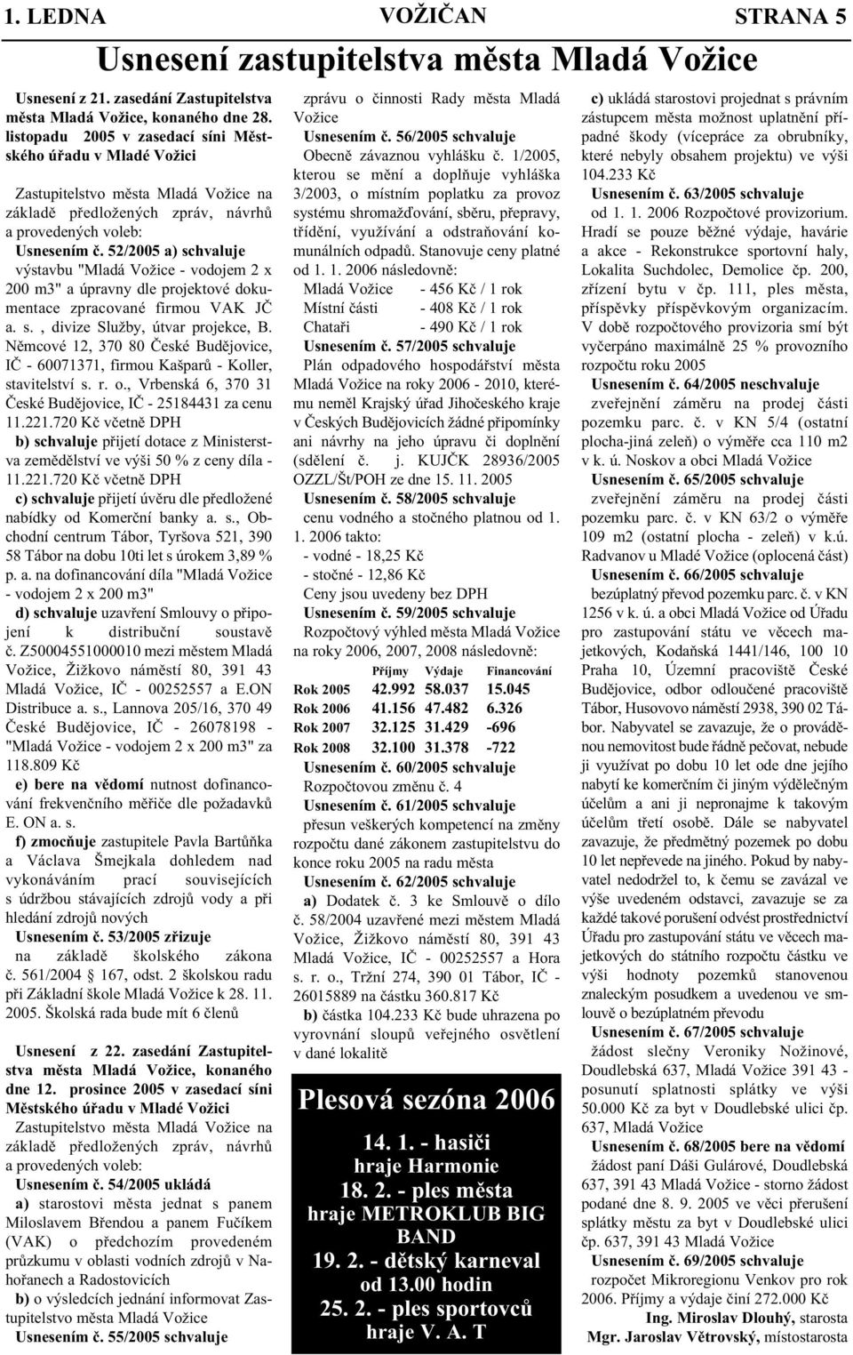 52/2005 a) schvaluje výstavbu " - vodojem 2 x 200 m3" a úpravny dle projektové dokumentace zpracované firmou VAK JČ a. s., divize Služby, útvar projekce, B.