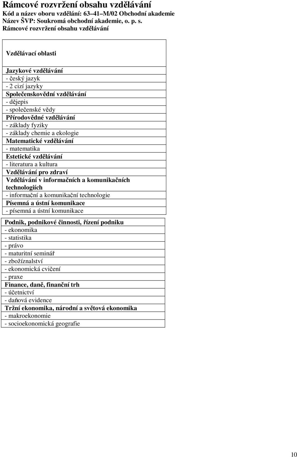 fyziky - základy chemie a ekologie Matematické vzdělávání - matematika Estetické vzdělávání - literatura a kultura Vzdělávání pro zdraví Vzdělávání v informačních a komunikačních technologiích -