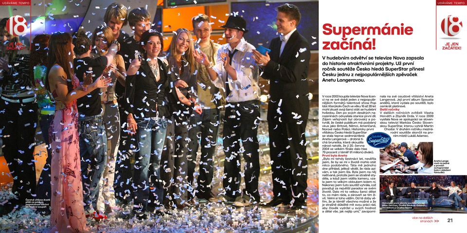 Čerstvé vítězce Anetě přišli na pódium pogratulovat všichni její fináloví soupeři V roce 2003 koupila televize Nova licenci na ve své době jeden z nejpopulárnějších formátů talentové show Pop Idol.