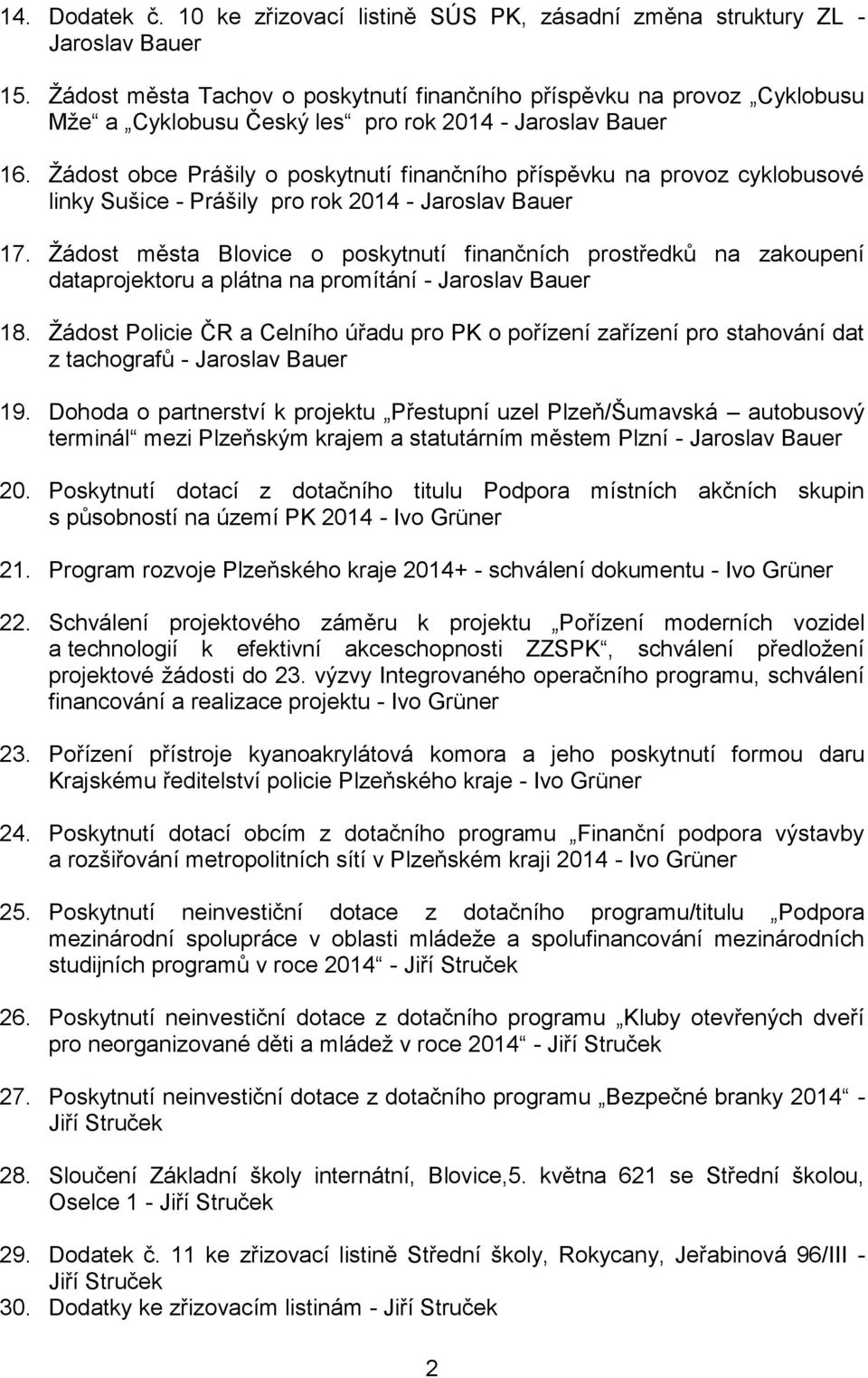 Žádost obce Prášily o poskytnutí finančního příspěvku na provoz cyklobusové linky Sušice - Prášily pro rok 2014 - Jaroslav Bauer 17.