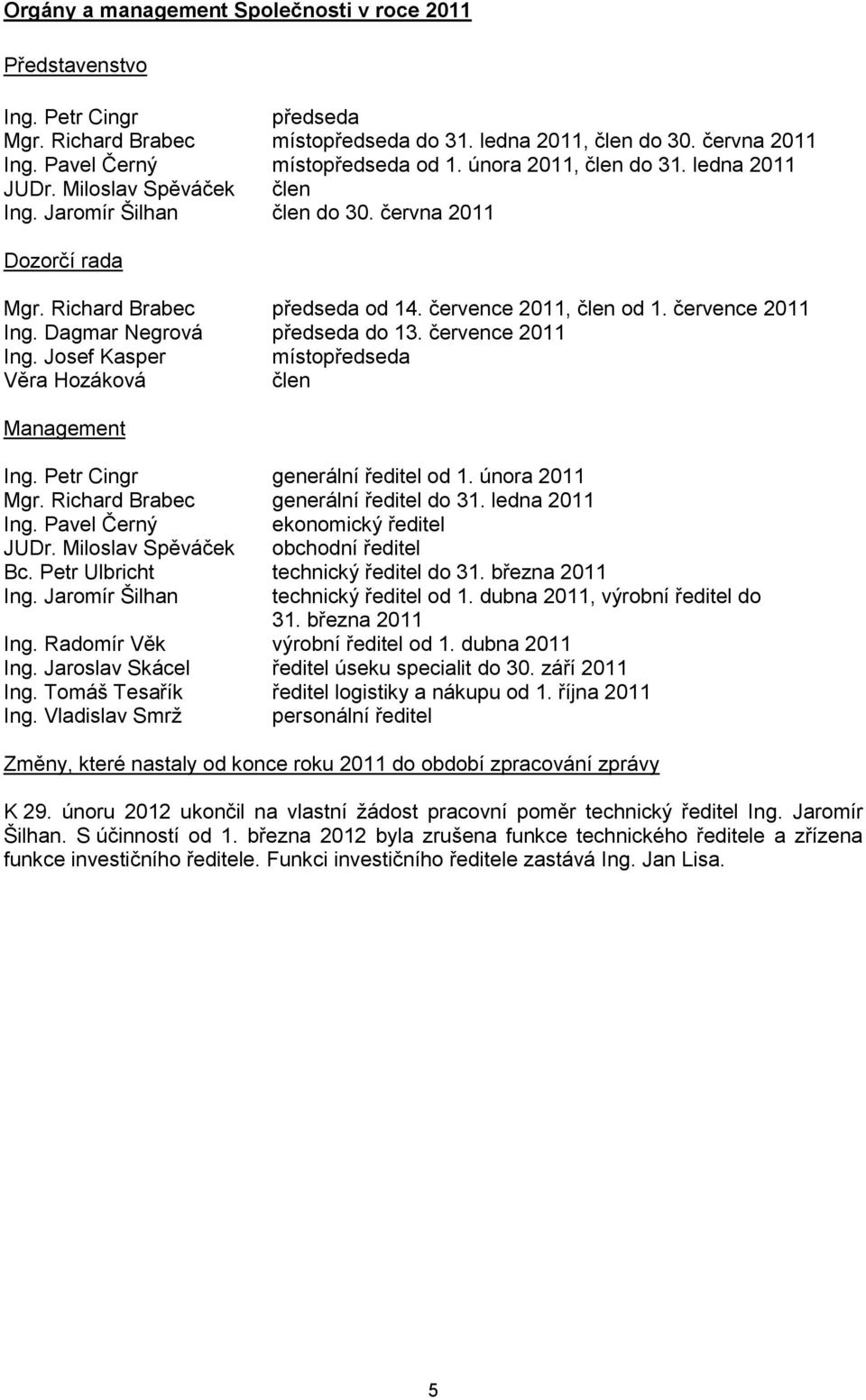 července 2011 Ing. Dagmar Negrová předseda do 13. července 2011 Ing. Josef Kasper místopředseda Věra Hozáková člen Management Ing. Petr Cingr generální ředitel od 1. února 2011 Mgr.