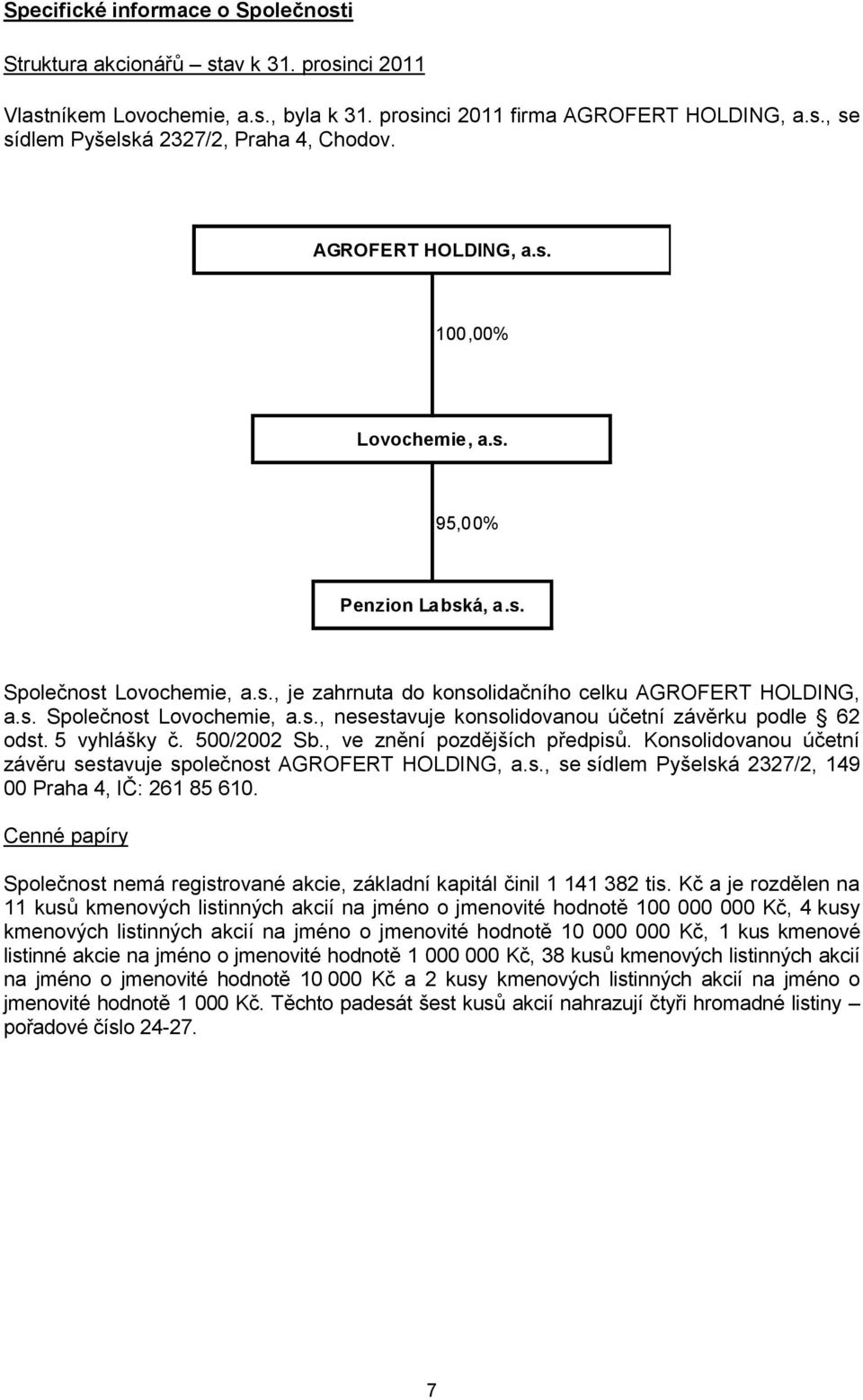 5 vyhlášky č. 500/2002 Sb., ve znění pozdějších předpisů. Konsolidovanou účetní závěru sestavuje společnost AGROFERT HOLDING, a.s., se sídlem Pyšelská 2327/2, 149 00 Praha 4, IČ: 261 85 610.