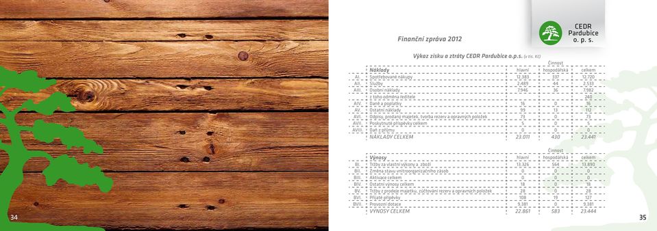 Poskytnuté příspěvky celkem 5 0 5 AVIII. Daň z příjmu 0 0 0 NÁKLADY CELKEM 23.011 430 23.441 Činnost Výnosy hlavní hospodářská celkem BI. Tržby za vlastní výkony a zboží 13.326 564 13.890 BII.