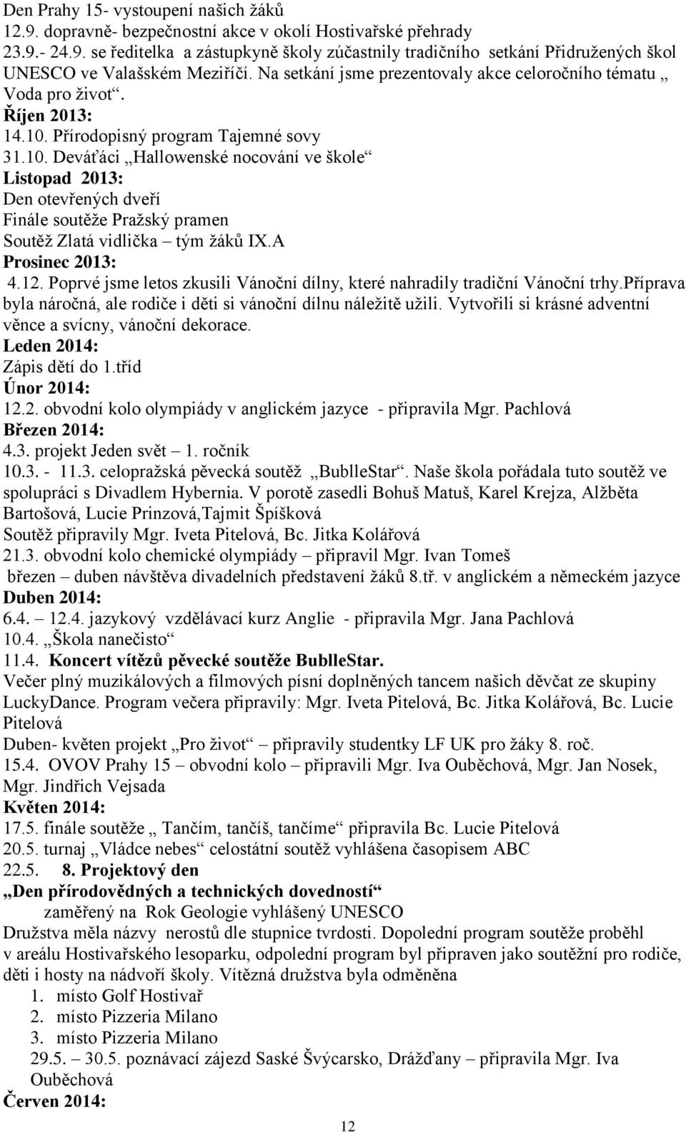 Přírodopisný program Tajemné sovy 31.10. Deváťáci Hallowenské nocování ve škole Listopad 2013: Den otevřených dveří Finále soutěže Pražský pramen Soutěž Zlatá vidlička tým žáků IX.A Prosinec 2013: 4.