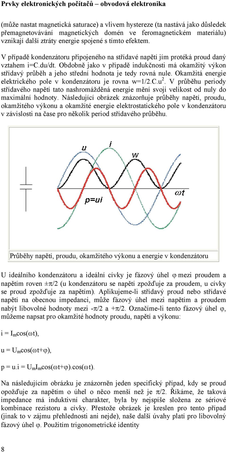 Obdobně jako v případě indukčnosti má okamžitý výkon střídavý průběh a jeho střední hodnota je tedy rovná nule. Okamžitá energie elektrického pole v kondenzátoru je rovna w=1/2.c.u 2.