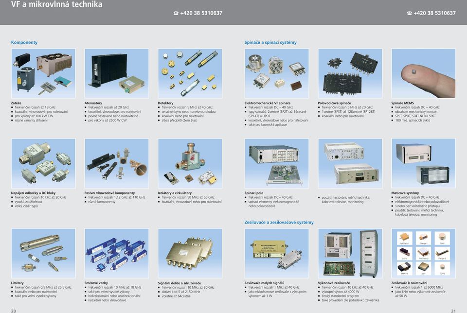 schottkyho nebo tunelovou diodou koaxiální nebo pro naletování s/bez předpětí (Zero Bias) Elektromechanické VF spínače frekvenční rozsah DC 40 GHz typy spínačů: 2cestné (SP2T) až 14cestné (SP14T) a