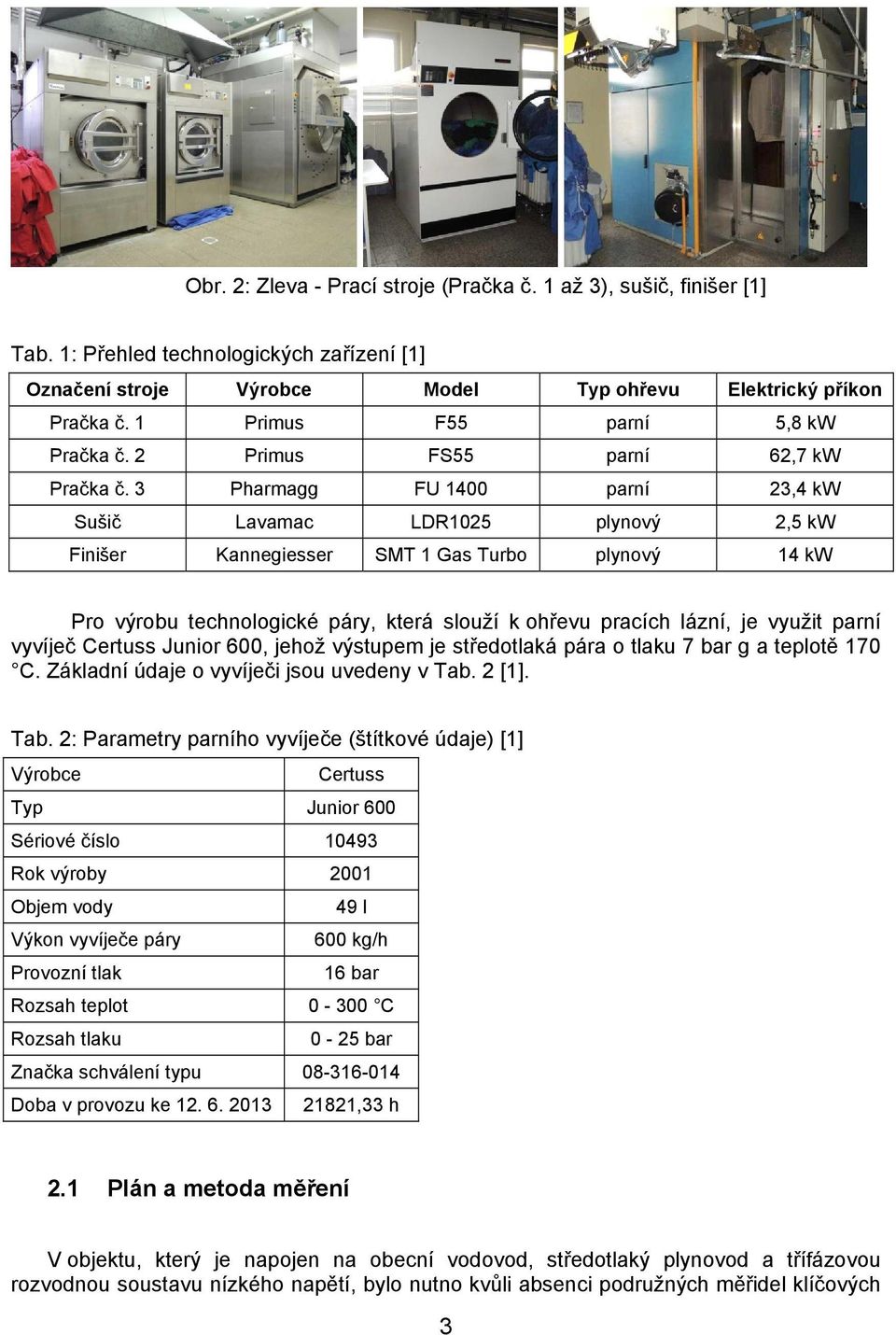 3 Pharmagg FU 1400 parní 23,4 kw Sušič Lavamac LDR1025 plynový 2,5 kw Finišer Kannegiesser SMT 1 Gas Turbo plynový 14 kw Pro výrobu technologické páry, která slouží k ohřevu pracích lázní, je využit