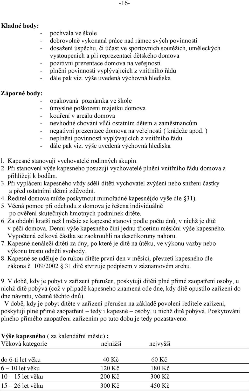 výše uvedená výchovná hlediska Záporné body: - opakovaná poznámka ve škole - úmyslné poškození majetku domova - kouření v areálu domova - nevhodné chování vůči ostatním dětem a zaměstnancům -