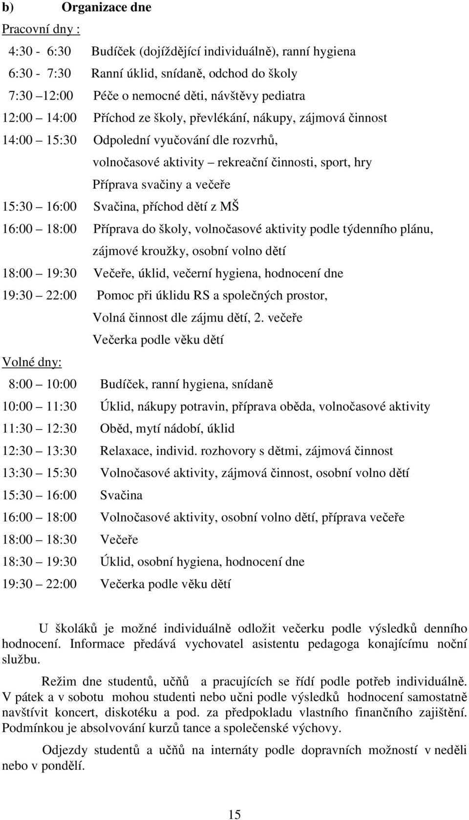 Svačina, příchod dětí z MŠ 16:00 18:00 Příprava do školy, volnočasové aktivity podle týdenního plánu, zájmové kroužky, osobní volno dětí 18:00 19:30 Večeře, úklid, večerní hygiena, hodnocení dne